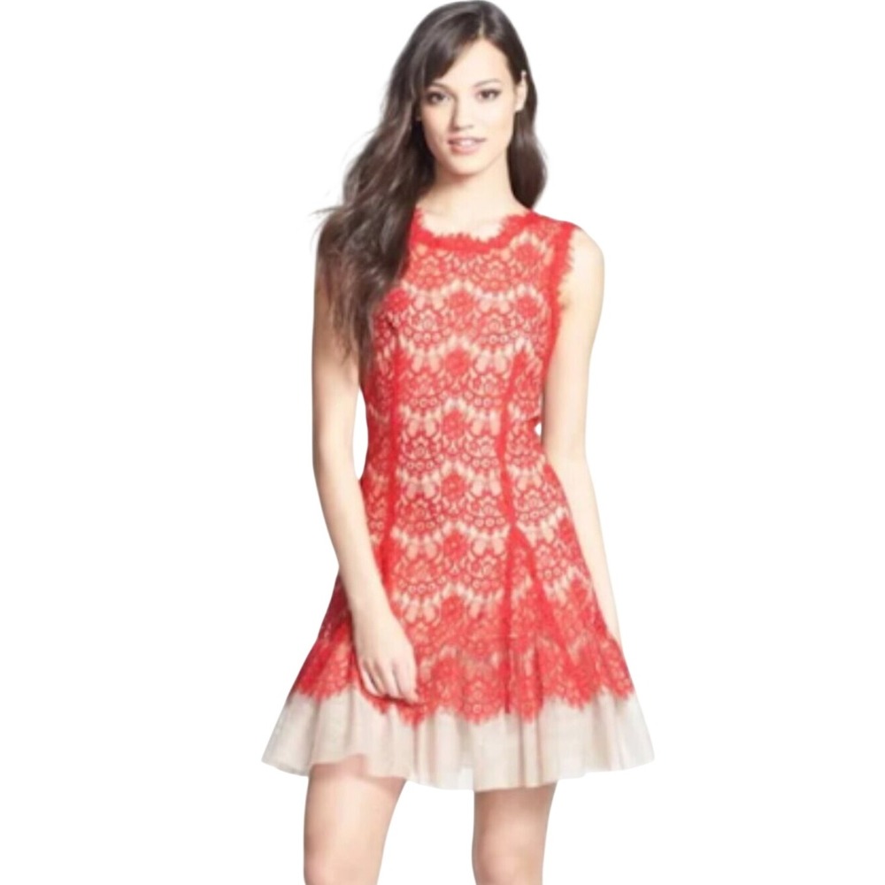 Betsy & Adam Lace Mini Dress Size 6 Coral Pink Tulle Layered Feminine